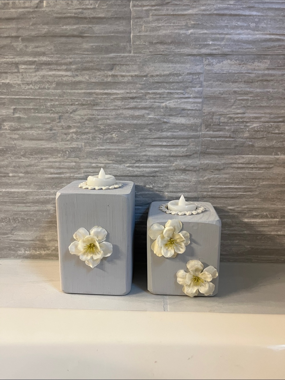 Set of Two Light Gray Floral Tealight Candle Holders